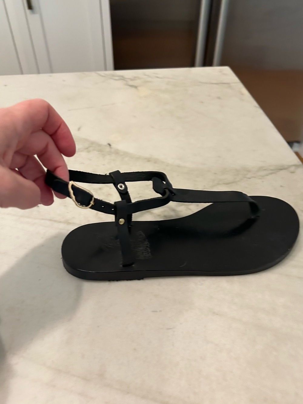 Ancient Greek Sandals Black Leather T-Strap Flat Sandals